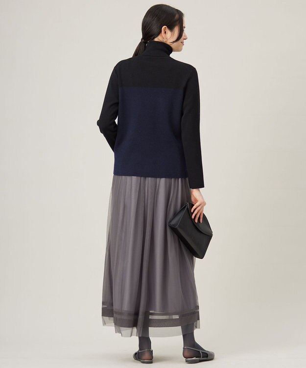 自由区 L 【洗える】シルクウールリブタートルネック ニット ブラック×ネイビー