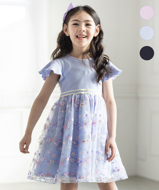 ANY KIDS 刺繍 チュール ワンピース サックスブルー