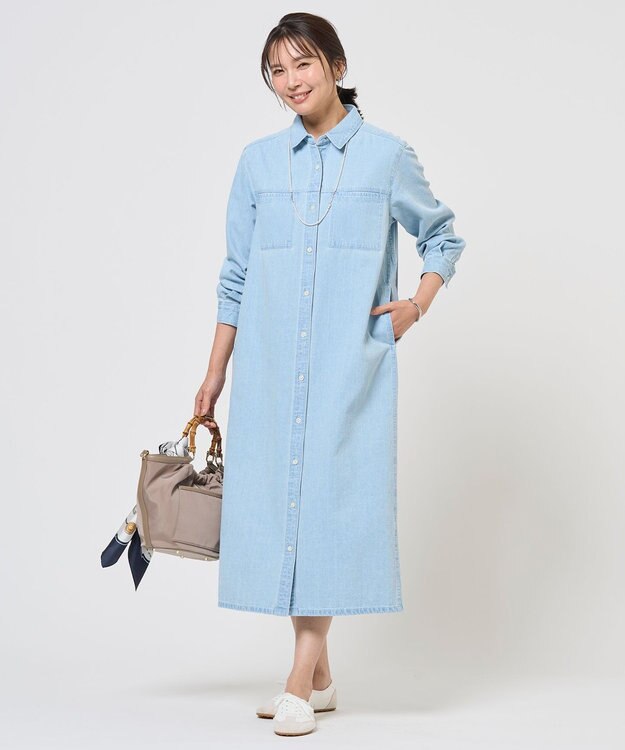 J.PRESS LADIES コットンリネン 7oz デニム シャツ ワンピース ブリーチ系