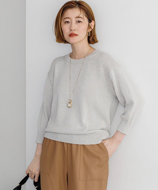 23区 コットンストレッチルレックス  パフスリーブ ラメ ニット ベージュ系