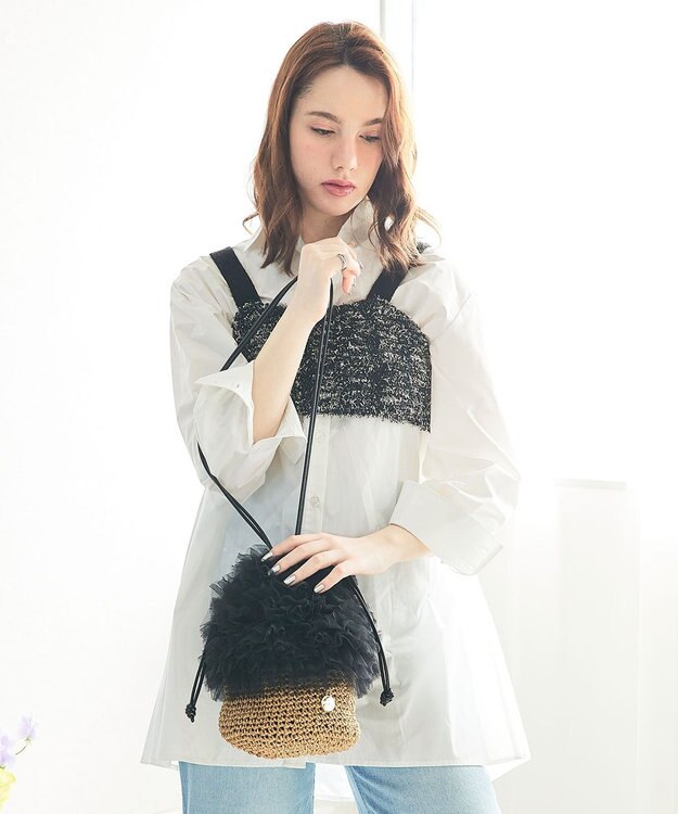 style code 【MERCURYDUO/マーキュリーデュオ】チュールフリル 雑材バケツ型ショルダーバッグ ブラック