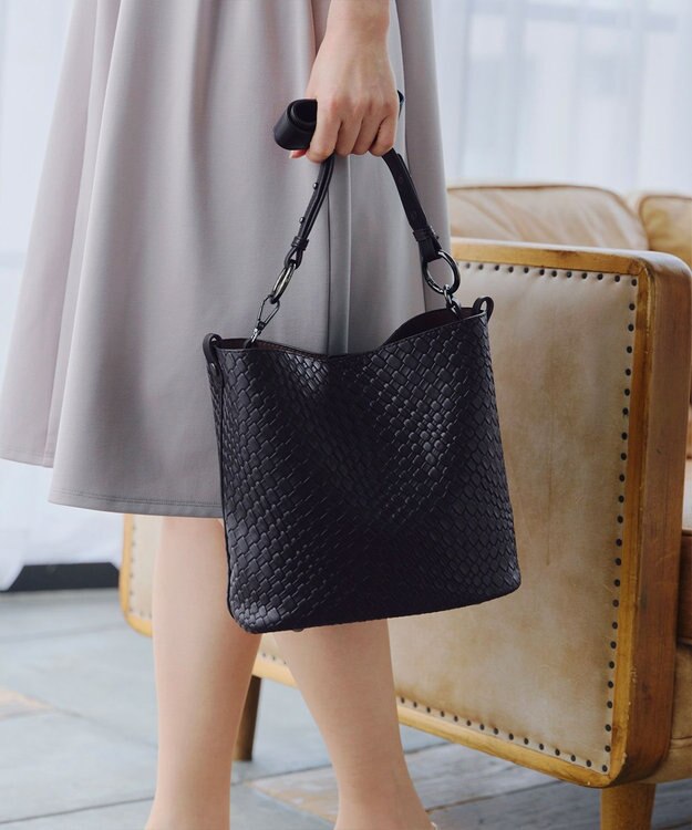 Tiaclasse 【2点セット】編み込み風ショルダーバッグ＋ショルダーポーチ付き ブラック