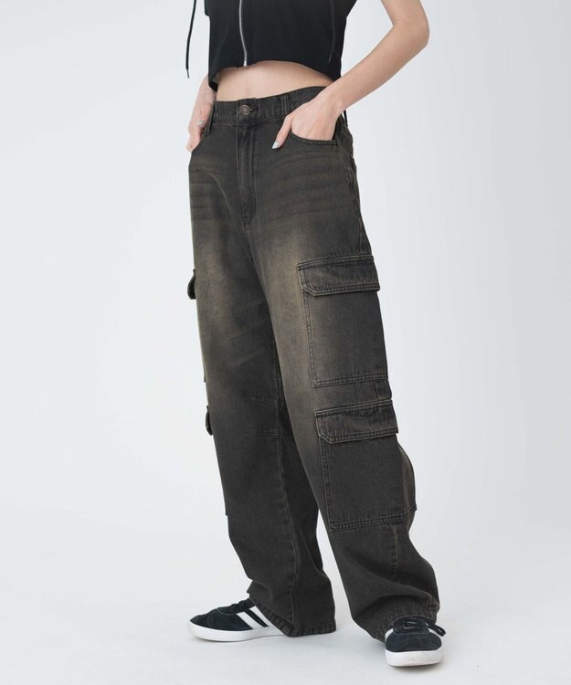 WEGO ヴィンテージウォッシュデニムカーブカーゴパンツ ブラック