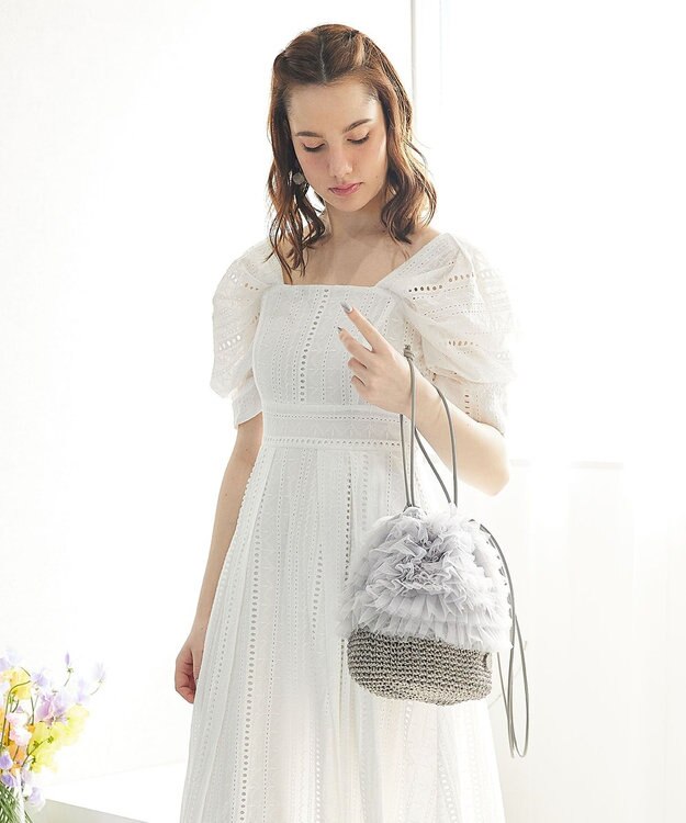 style code 【MERCURYDUO/マーキュリーデュオ】チュールフリル 雑材バケツ型ショルダーバッグ グレー