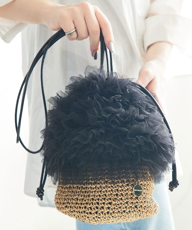 style code 【MERCURYDUO/マーキュリーデュオ】チュールフリル 雑材バケツ型ショルダーバッグ ブラック