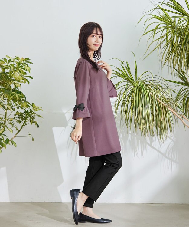 Tiaclasse 【洗える】グログランリボン付きフリル袖チュニック ピンクモカ