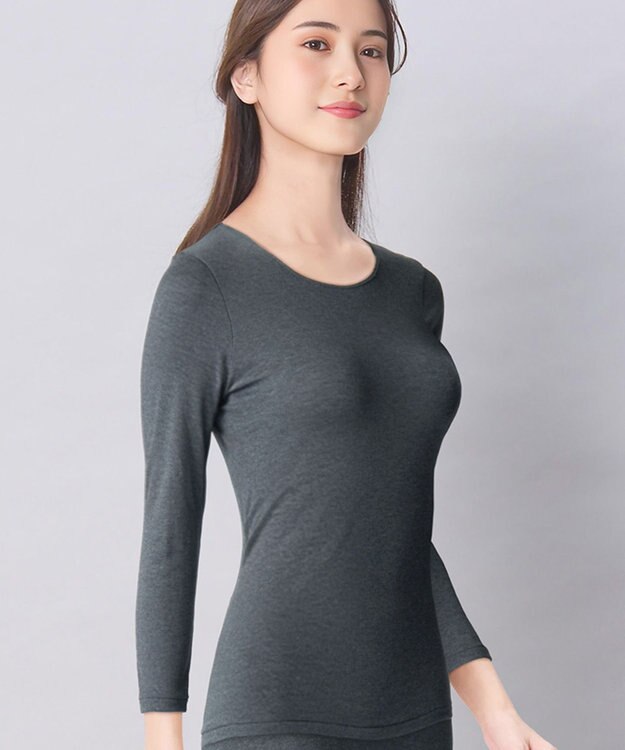 Wing あったかインナー 綿混 裏起毛 厚手 よく伸びる素材 【ラクのびサーモ】 8分袖 長袖 ネックせまめ 秋 冬 EL6914 ウイング／ワコール ダークブラウン