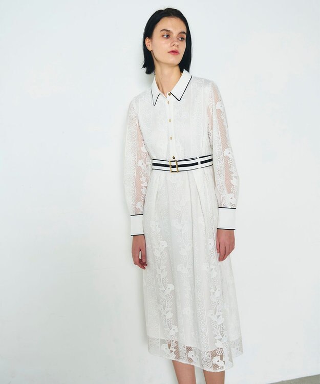 GRACE CONTINENTAL ストライプフラワー刺繍ワンピース ホワイト