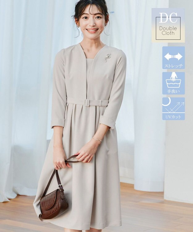 Tiaclasse 【ダブルクロス・洗える】 ナローVネックワンピース グレージュ