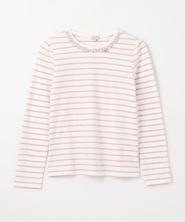 ANY KIDS リボン×ボーダー長袖Tシャツ ピンク×エクリュ