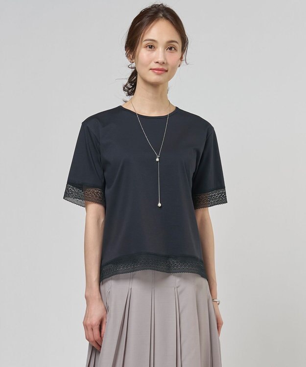 J.PRESS LADIES 【一枚で着映え】コットンスムース レース カットソー ネイビー系