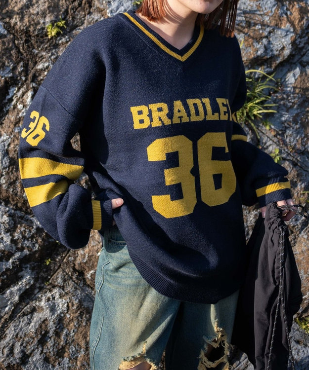 WEGO ナンバリングジャガードVネックニット ネイビー