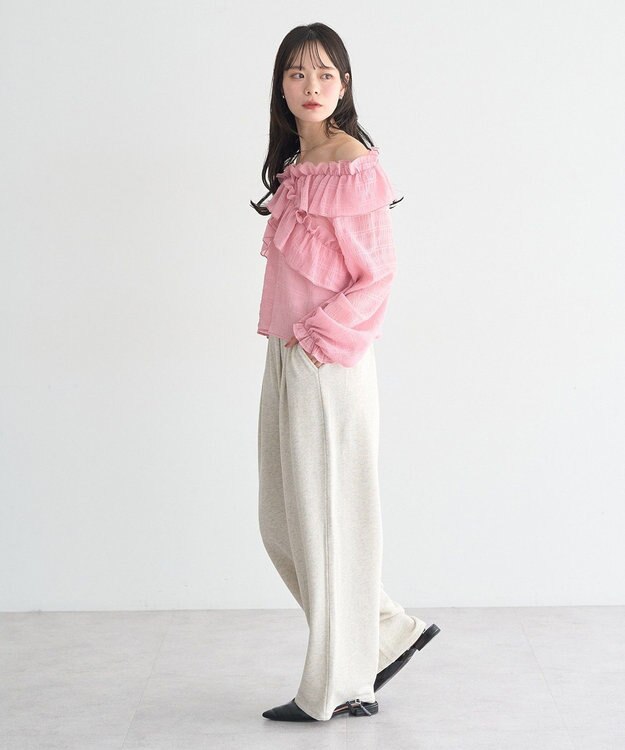 earth music&ecology シアーチェック2wayオフショルブラウス Pink