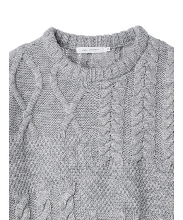 AMERICAN HOLIC パッチワークケーブルニットプルオーバー Light Gray Mixture