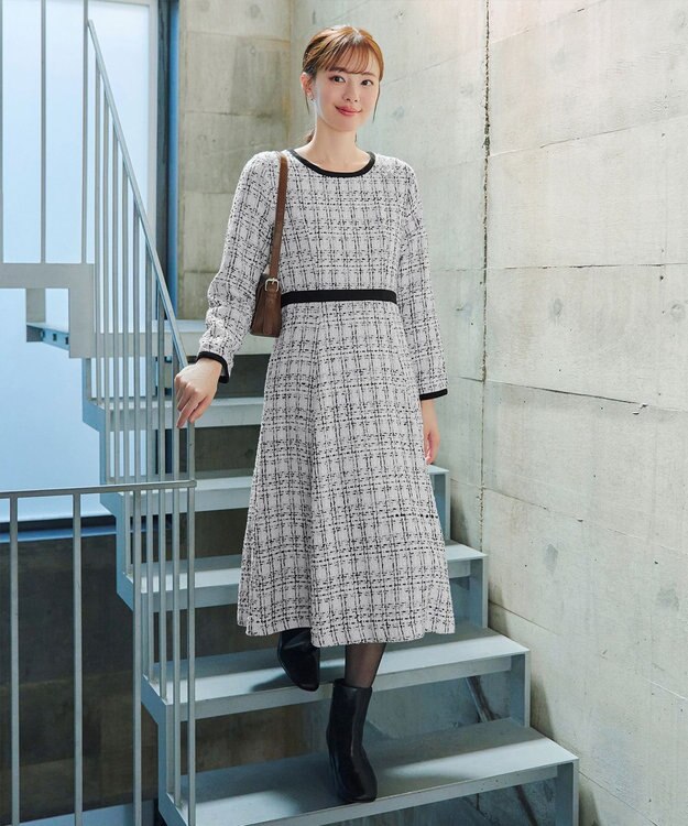 Tiaclasse 【安田美沙子さん着用・洗える】配色ツイードワンピース オフホワイト