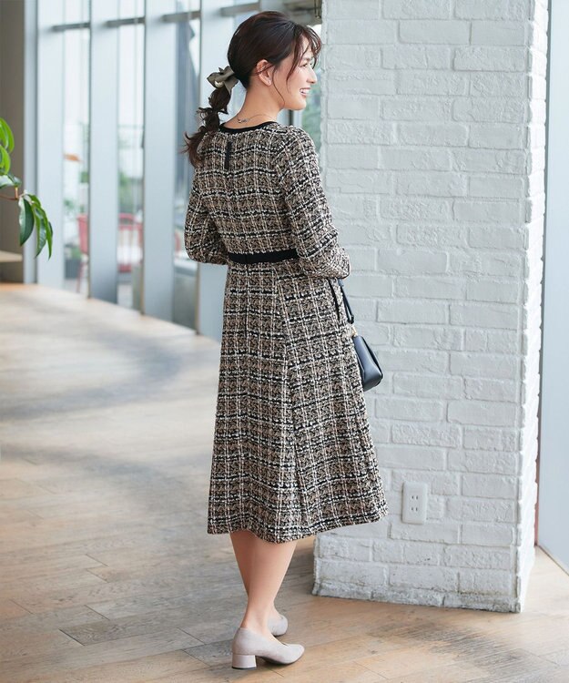 Tiaclasse 【安田美沙子さん着用・洗える】配色ツイードワンピース ベージュ