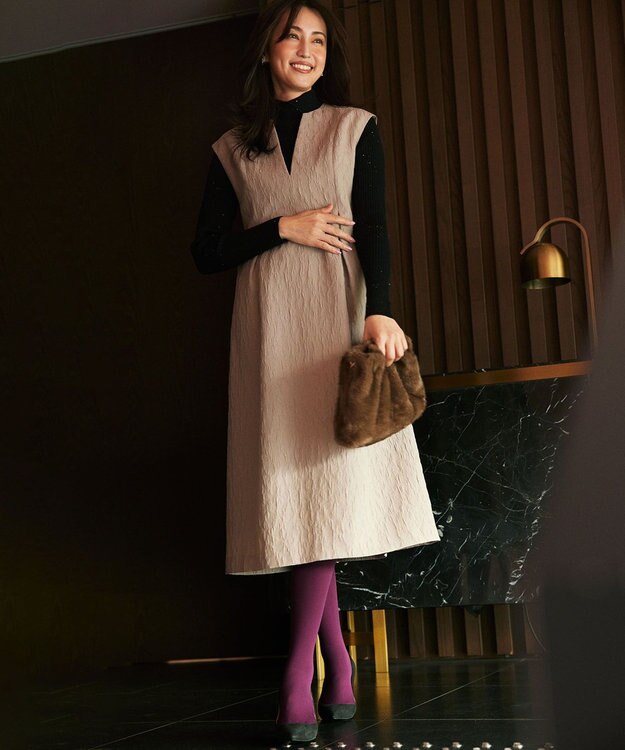 組曲 フラワーラメジャカード ジャンパースカート ベージュ系