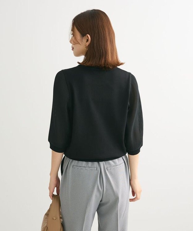 Green Parks 袖プリーツドッキング５分袖ニットプルオーバー Black
