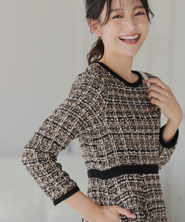 Tiaclasse 【安田美沙子さん着用・洗える】配色ツイードワンピース ベージュ