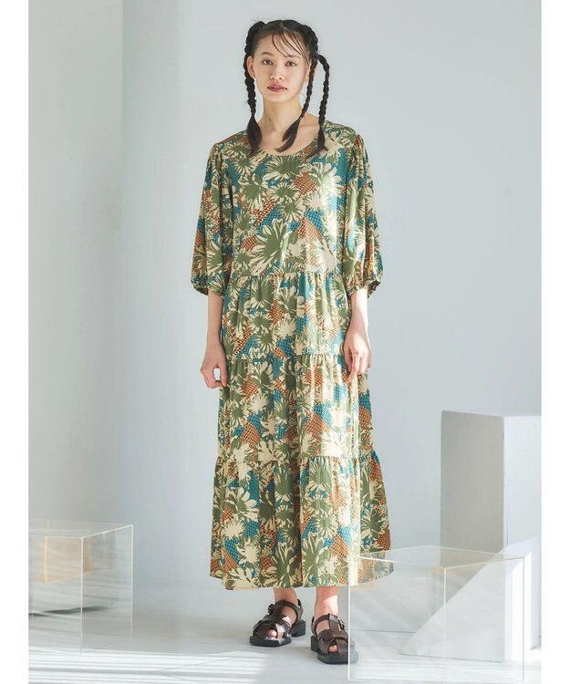 Green Parks ■ＥＳＣＡＲ　フラワーＭＩＸｐｔティアードワンピース Khaki