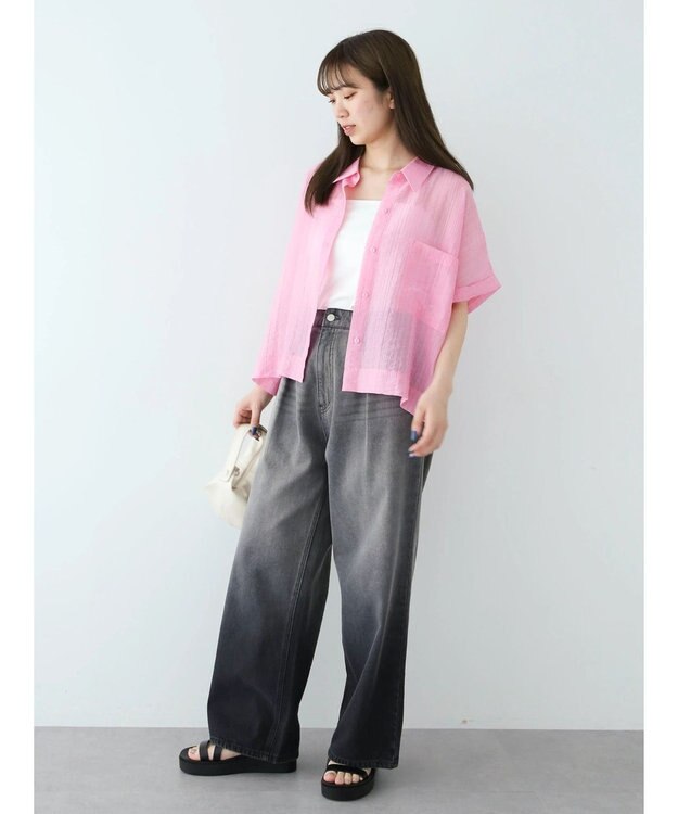 Green Parks シアーストライプショート丈シャツ Pink