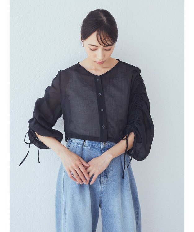 earth music&ecology キラキラシアーギャザーシャツ Black