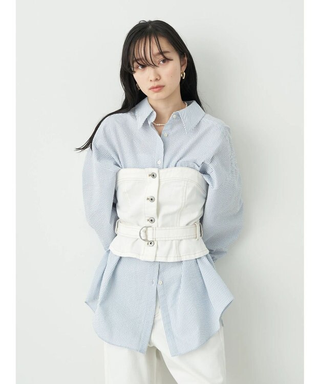 earth music&ecology サッカーストライプボーイズライクシャツ Blue