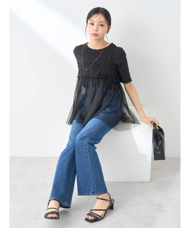 earth music&ecology ＳＥＴ２点チュールビスチェ＋リブプルオーバー Black