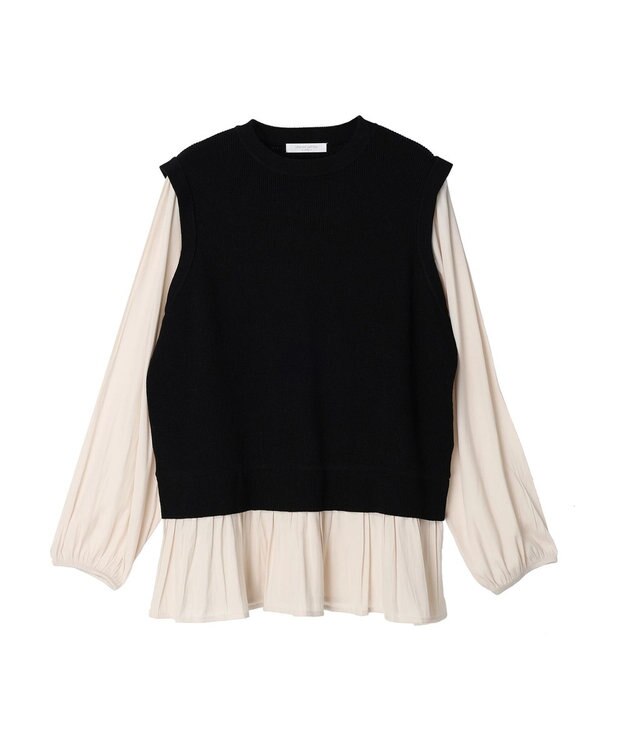 Green Parks とろみ布帛ドッキングニットチュニック Black