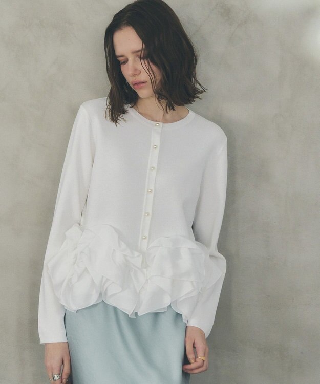 YECCA VECCA パール釦ラッフルカーディガン Off White