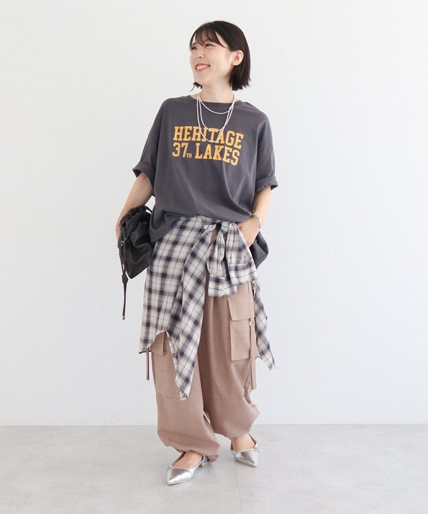 Green Parks カレッジロゴ刺繍５分袖チュニック Charcoal Gray