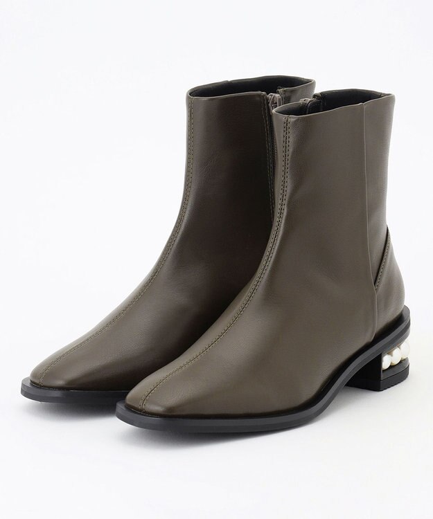 組曲 【23.5cm~24cm】パールヒールミドルブーツ カーキ系