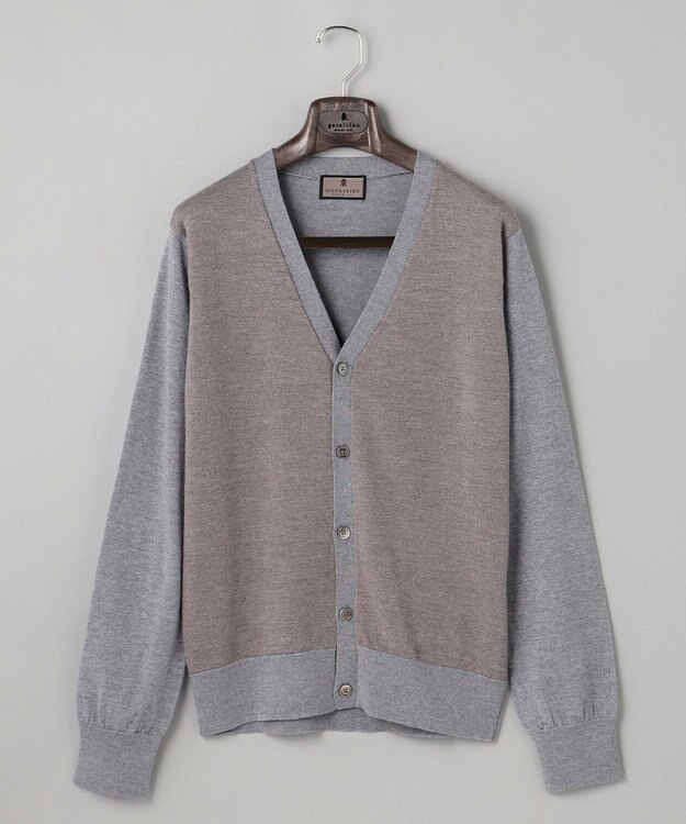 GOTAIRIKU 体温調整に【洗える/チクチクしにくい/ピリングしにくい】イタリア糸 ハイゲージ カーディガン_WOOL100% グレー×バーズアイ柄(25年新色)
