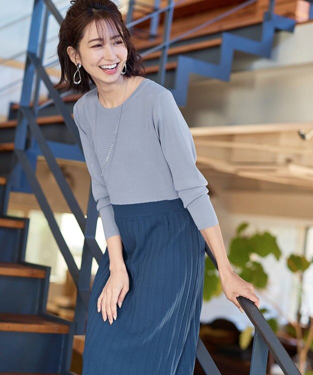 Tiaclasse L 【洗える】1枚で着映えするプリーツニットワンピース サックスグレー