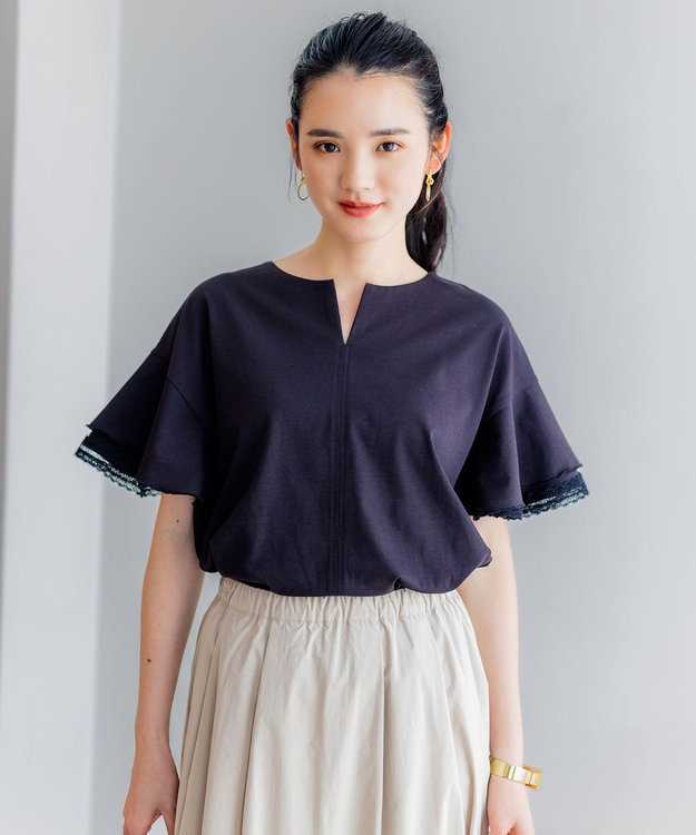 組曲 【汗ジミ防止・撥水】GIZAプレーティング天竺袖フリル カットソー ブラック系