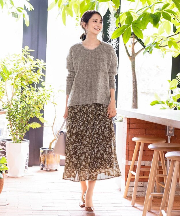 Tiaclasse L 【洗える】表情豊かなVネックMIX糸オーバーニット グレージュ