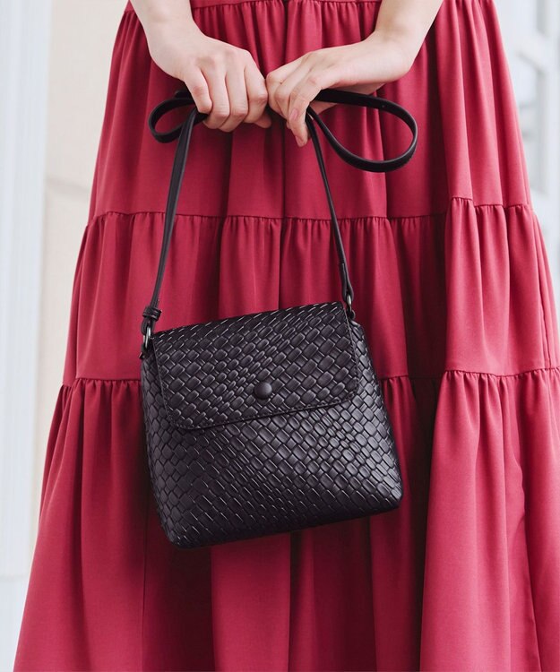 Tiaclasse 【2点セット】編み込み風ショルダーバッグ＋ショルダーポーチ付き ブラック