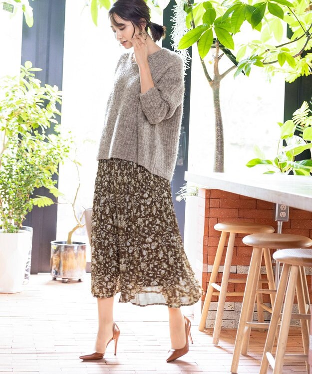 Tiaclasse L 【洗える】表情豊かなVネックMIX糸オーバーニット グレージュ