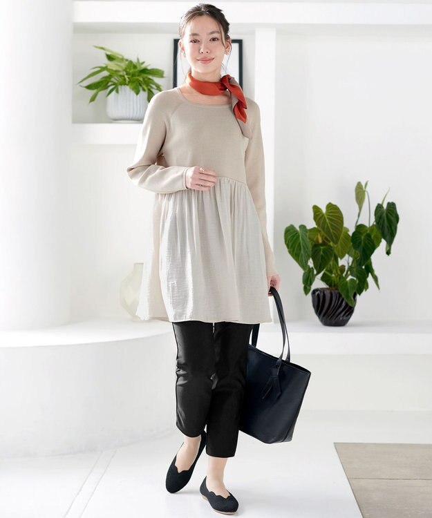 Tiaclasse L ヴィンテージサテンドッキングニットチュニック グレージュ