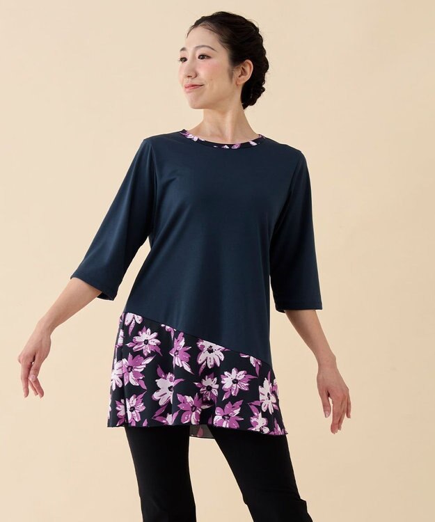 Chacott プリントコンビワンピースTシャツ ネイビー