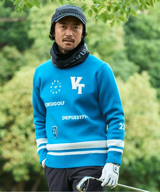 23区GOLF 【MEN】【ウォッシャブル】グラフィックダブルジャガードニット ターコイズブルー系