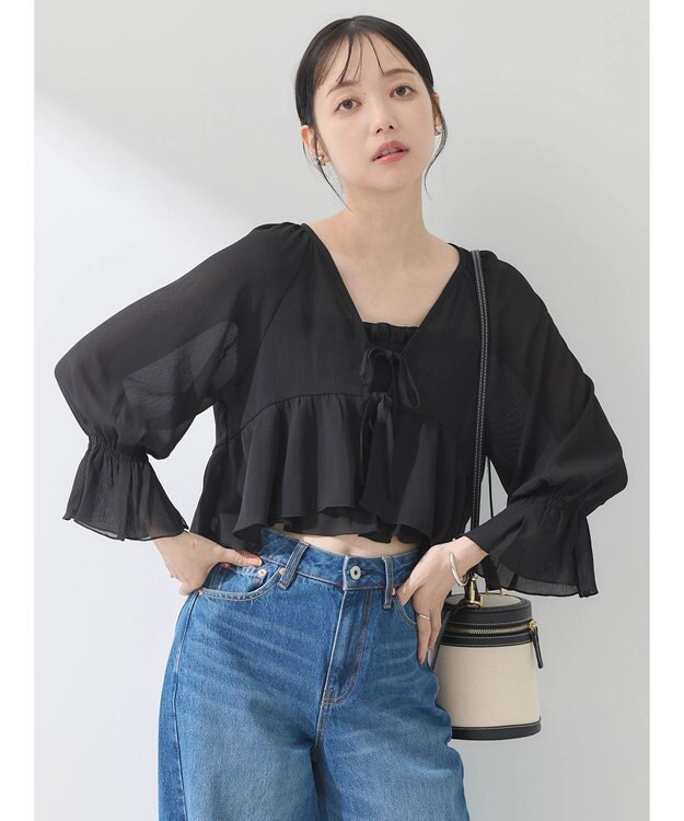 earth music&ecology ＳＥＴ２点キャンディースリーブブラウス＋インナー Black