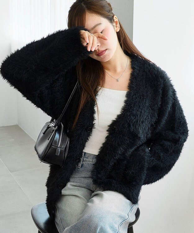 WEGO 【2025秋冬新作/ユニセックス着用ITEM/SMLサイズ展開】フェザーニットカーディガン ブラック