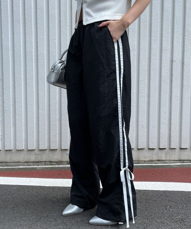 WEGO 【ウエストゴム】ラインリボンデザインナイロンバンツ ブラック