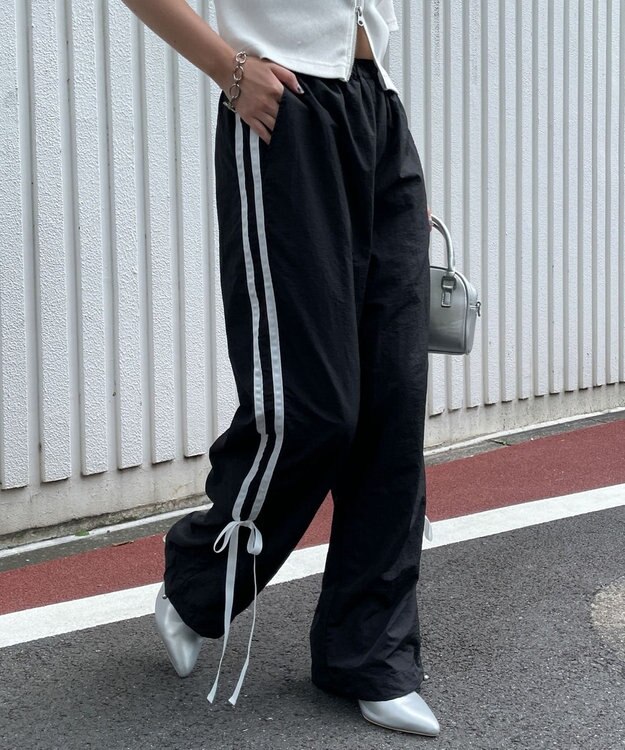 WEGO 【ウエストゴム】ラインリボンデザインナイロンバンツ ブラック