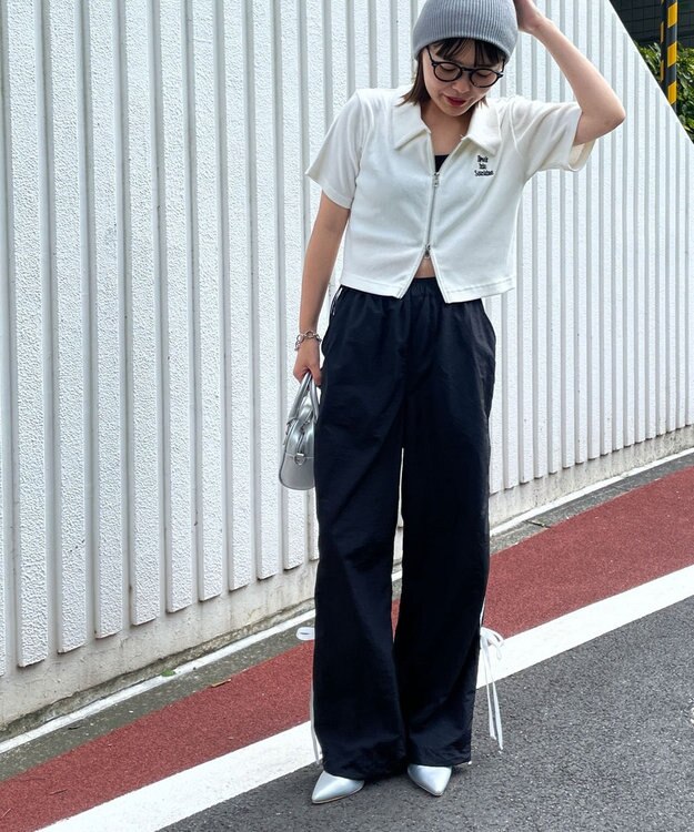 WEGO 【ウエストゴム】ラインリボンデザインナイロンバンツ ブラック