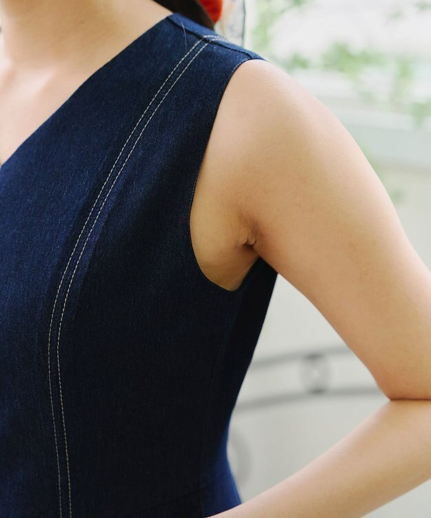 Tiaclasse 【洗える】デニムタックフレアワンピース ネイビー