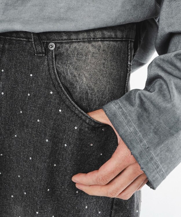 WEGO 【ユニセックス着用ITEM】スーパーバギーラインストーンデニムパンツ デニムブラックソノタ