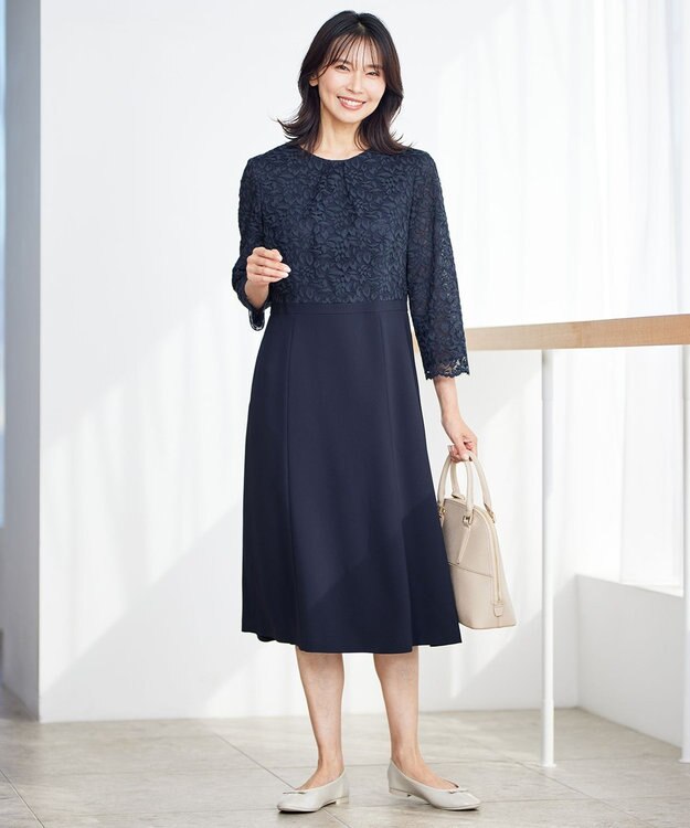 23区 【洗える】トリアセダブルジョーゼット フレア ワンピース ネイビー系