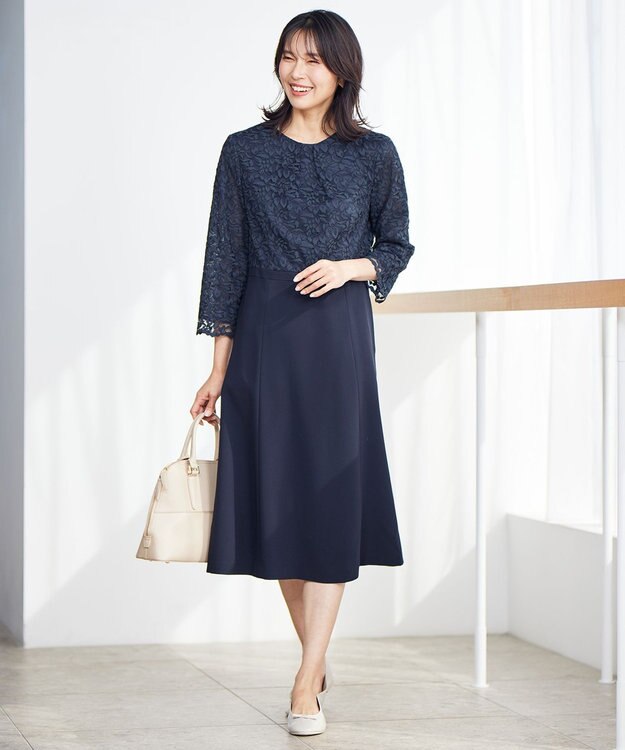 23区 【洗える】トリアセダブルジョーゼット フレア ワンピース ネイビー系
